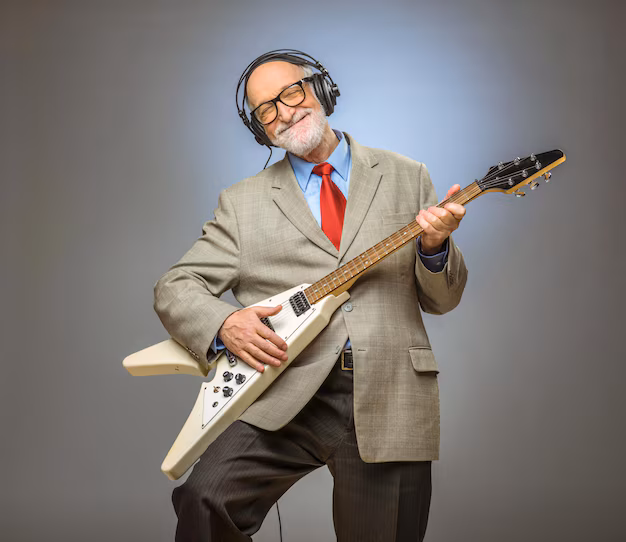 Guy playing with a electric guitar.